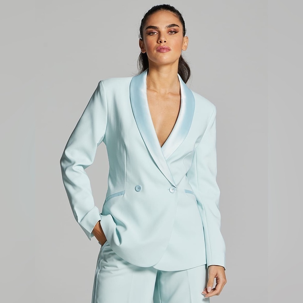 New Gabrielle Union Teagan Satin-Trim Single-Breasted Blazer Aqua Fusion XLarge